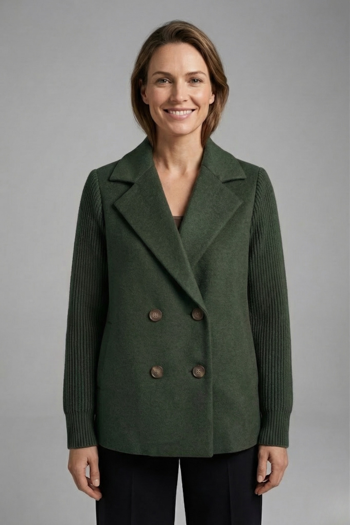 Women's Double-Breasted Wool Blend Blazer with Ribbed Sleeves