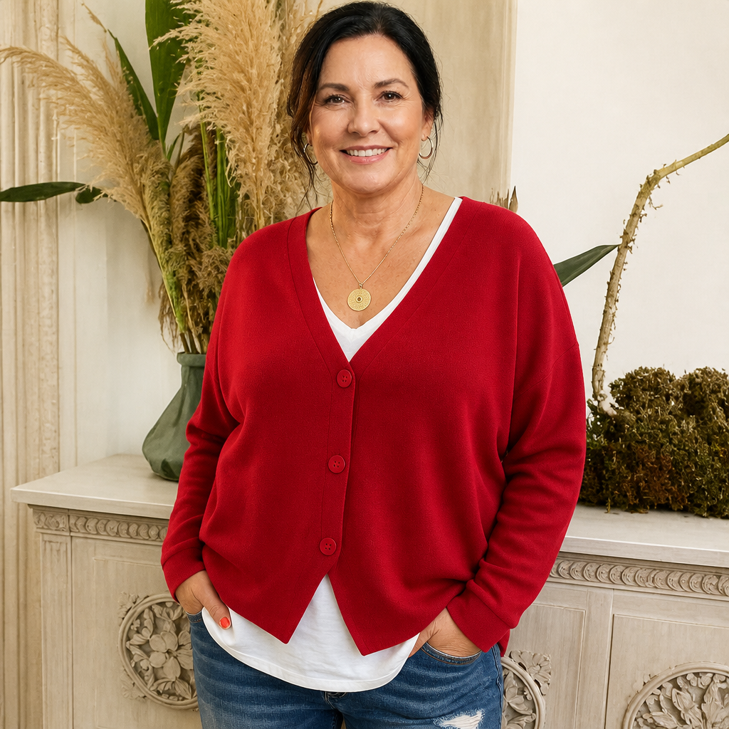 Women's Lightweight Cozy Black Cardigan Sweater - Red