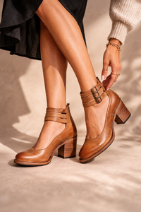 Women's Comfortable Black Heels | Classic Ankle Strap Block Pumps
