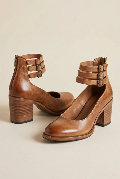 Women's Comfortable Black Heels | Classic Ankle Strap Block Pumps