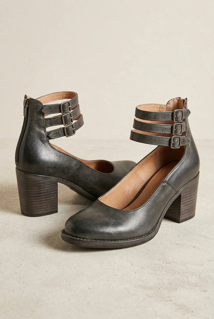 Women's Comfortable Black Heels | Classic Ankle Strap Block Pumps