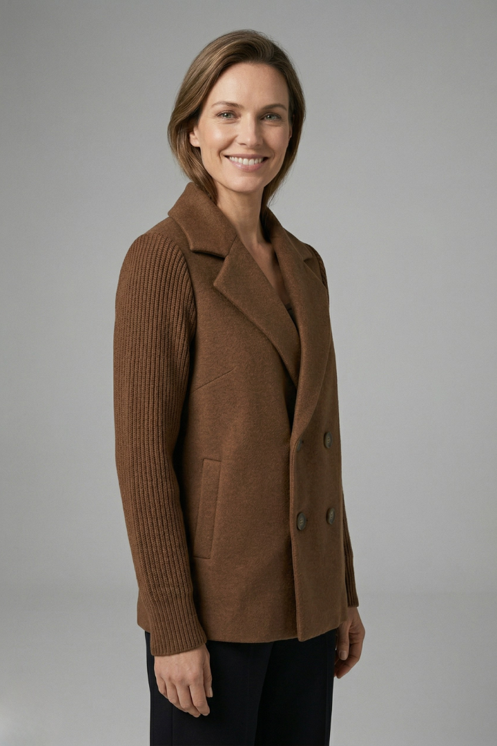 Women's Double-Breasted Wool Blend Blazer with Ribbed Sleeves