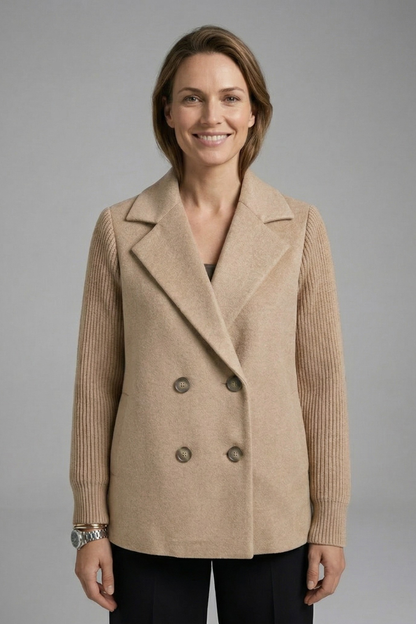Women's Double-Breasted Wool Blend Blazer with Ribbed Sleeves
