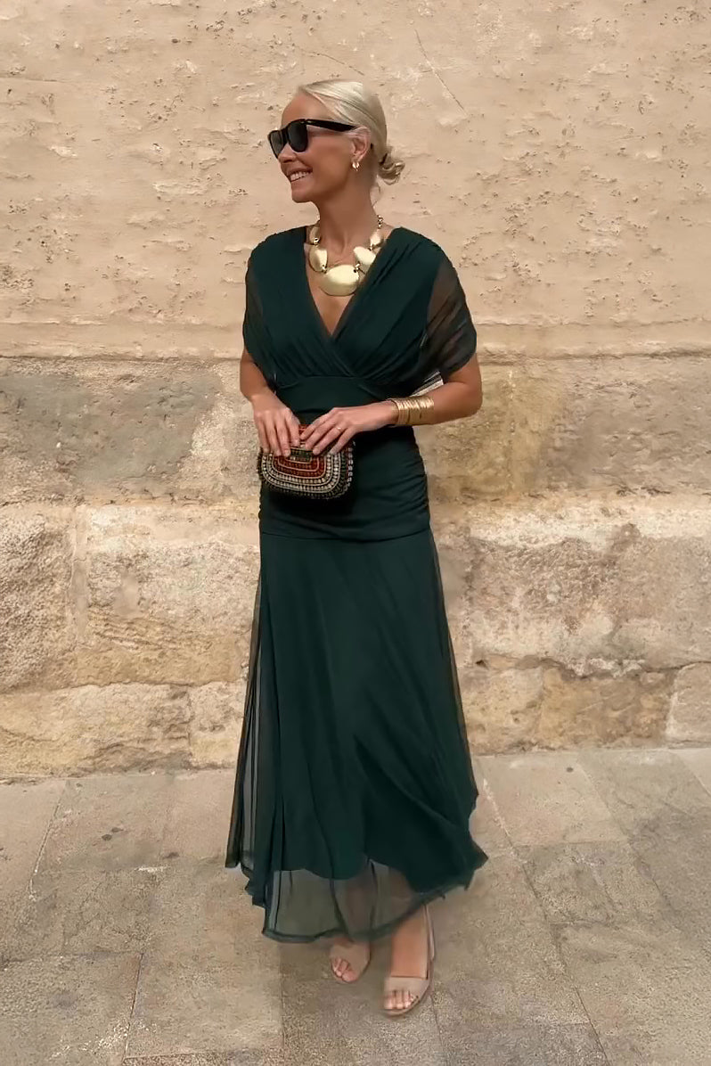 Women's Elegant Pleated Maxi Dress | Stylish V-Neck Formal Gown