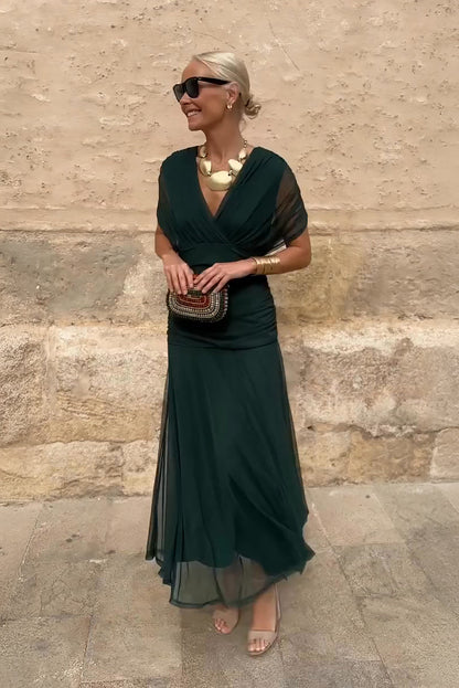 Women's Elegant Pleated Maxi Dress | Stylish V-Neck Formal Gown