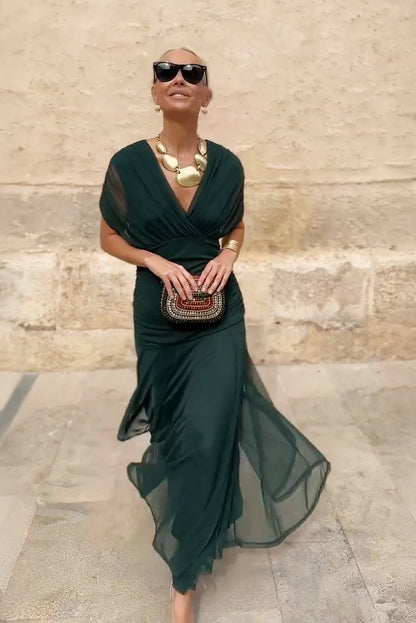 Women's Elegant Pleated Maxi Dress | Stylish V-Neck Formal Gown