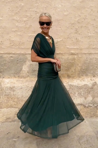 Women's Elegant Pleated Maxi Dress | Stylish V-Neck Formal Gown