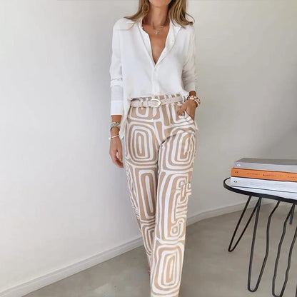 Women's Elegant Two-Piece Set with Patterned Trousers
