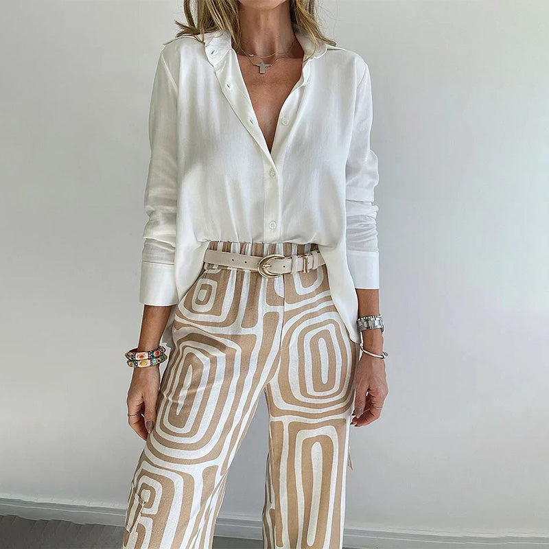 Women's Elegant Two-Piece Set with Patterned Trousers