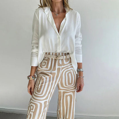 Women's Elegant Two-Piece Set with Patterned Trousers