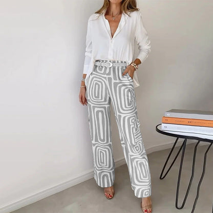 Women's Elegant Two-Piece Set with Patterned Trousers