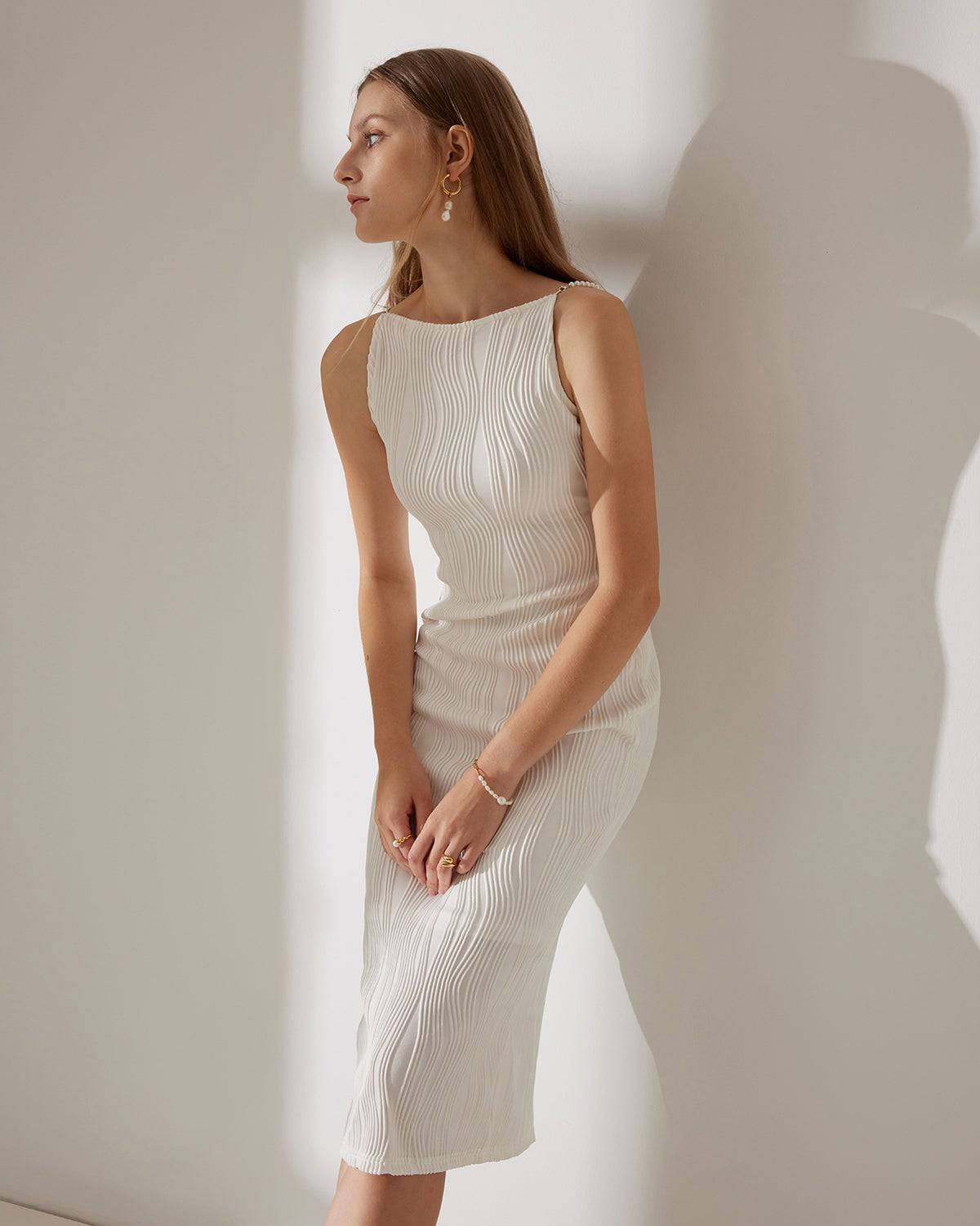 Women's Elegant Water Ripple Textured Midi Dress | Stylish Semi-Formal Dress