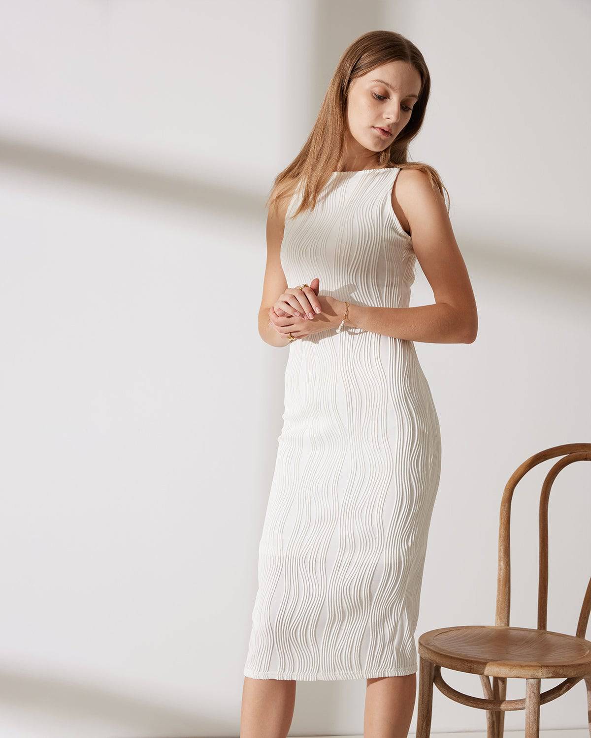 Women's Elegant Water Ripple Textured Midi Dress | Stylish Semi-Formal Dress