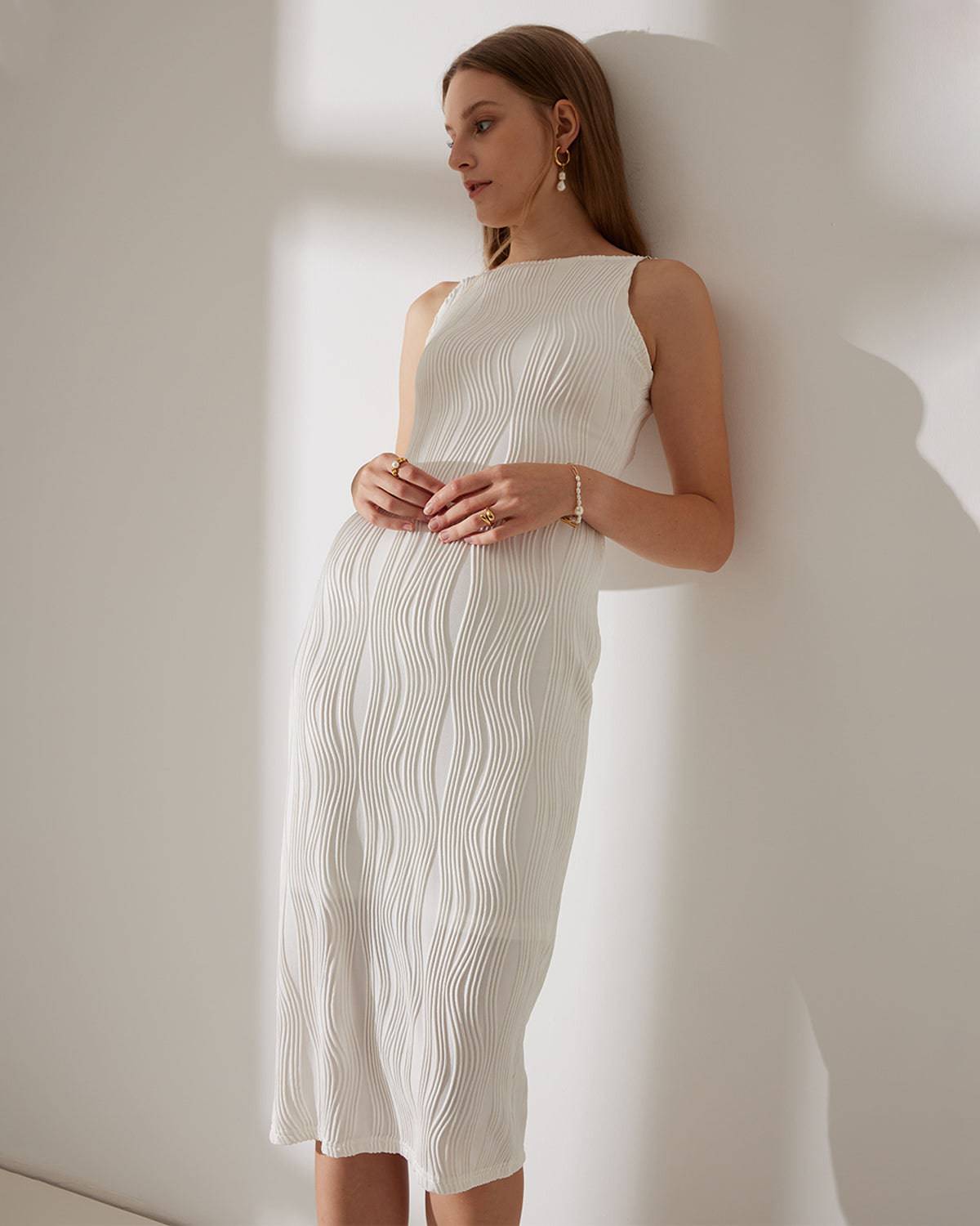 Women's Elegant Water Ripple Textured Midi Dress | Stylish Semi-Formal Dress