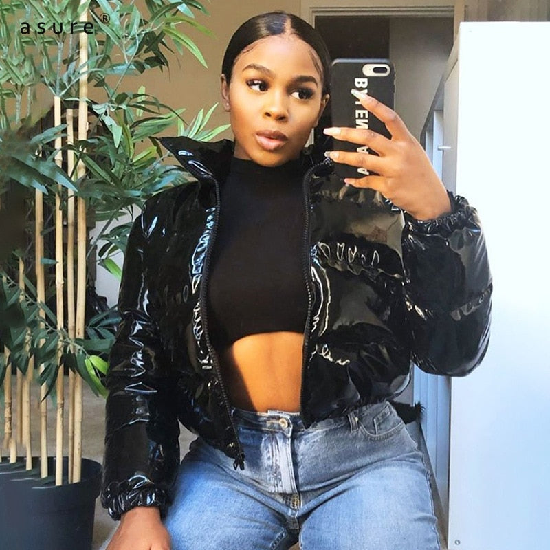Women's Glossy Cropped Puffer Jacket Winter Coat