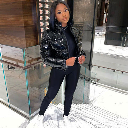 Women's Glossy Cropped Puffer Jacket Winter Coat