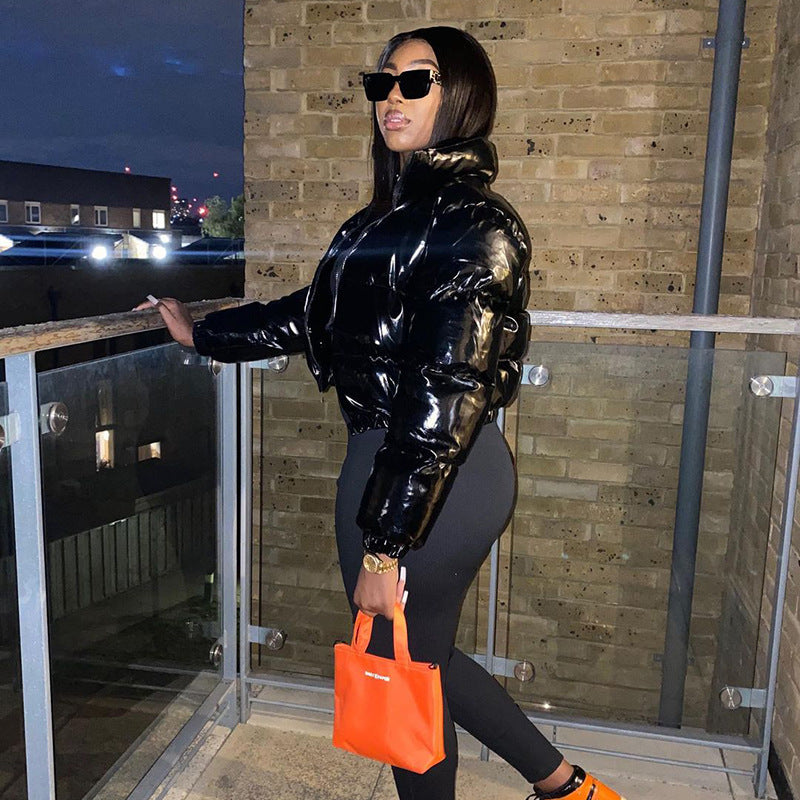Women's Glossy Cropped Puffer Jacket Winter Coat