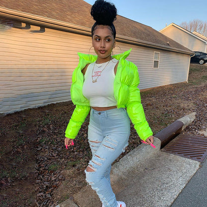Women's Glossy Cropped Puffer Jacket Winter Coat