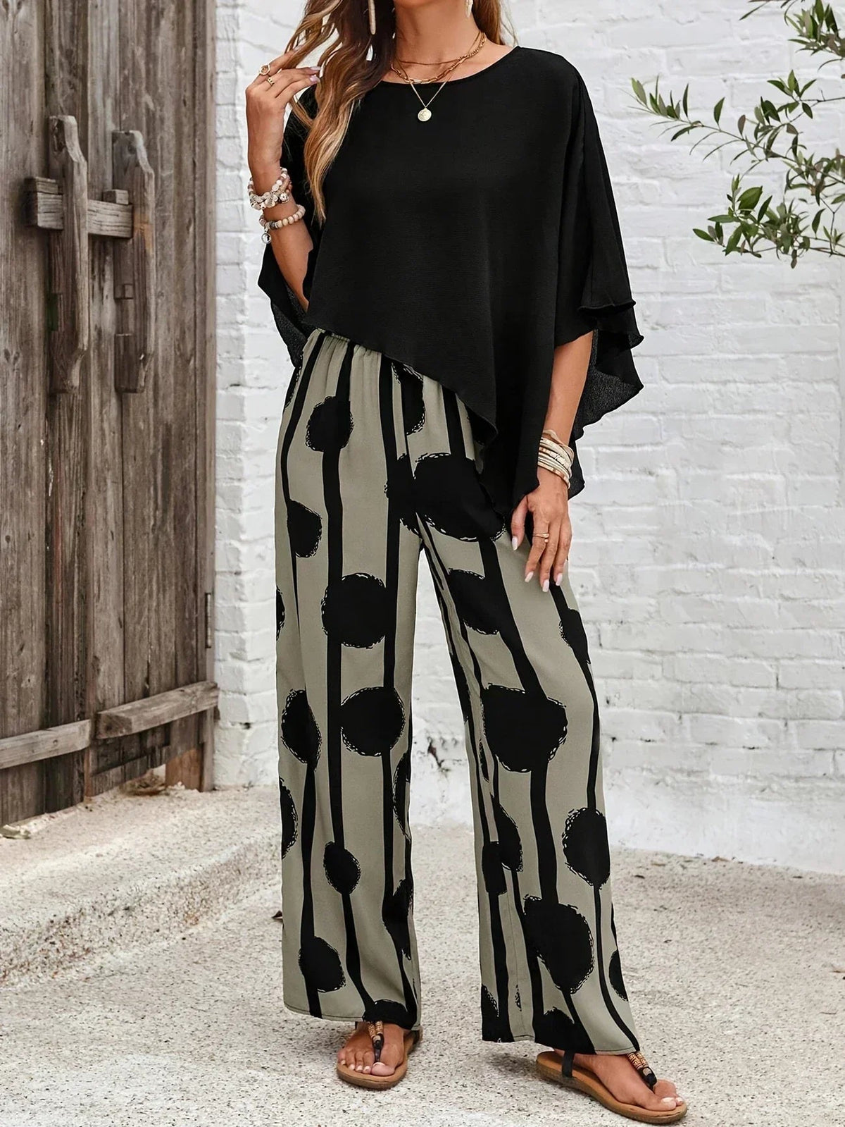 Women's Graphic Print Wide Leg Pants Set