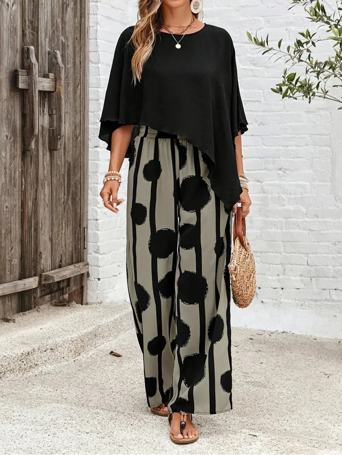 Women's Graphic Print Wide Leg Pants Set