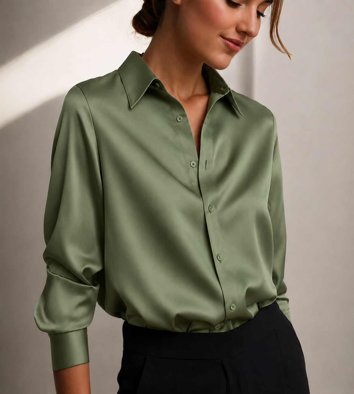 Women's Long Sleeve Satin Button-Down Blouse
