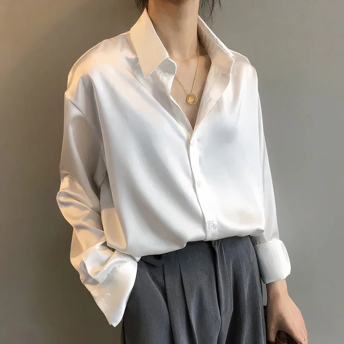 Women's Long Sleeve Satin Button-Down Blouse