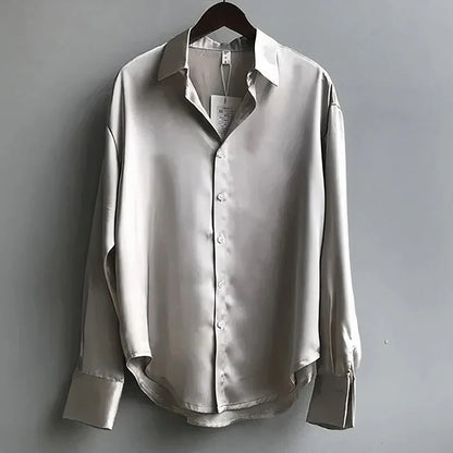 Women's Long Sleeve Satin Button-Down Blouse