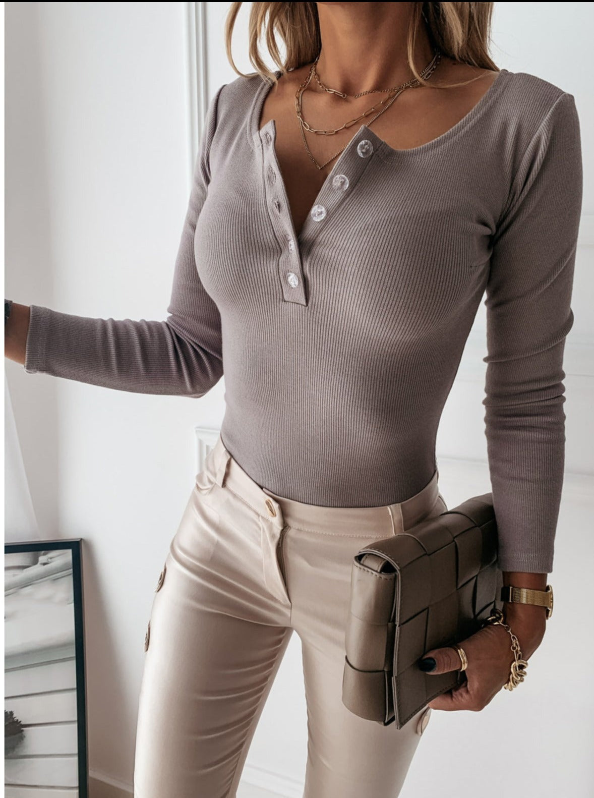Women's Slim Fit Ribbed Button Top