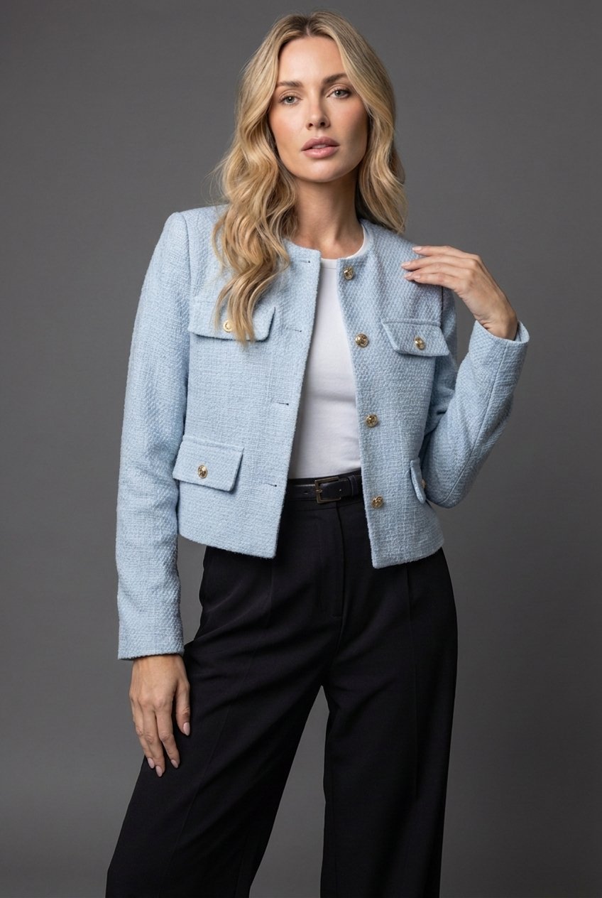 Women's Tailored Tweed Cropped Blazer with Gold Buttons