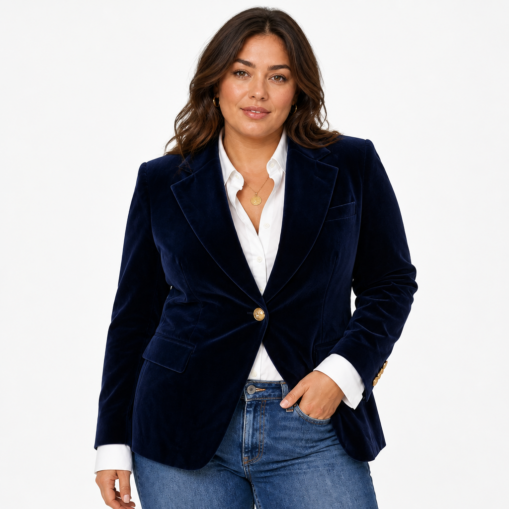 Women's Velvet Blazer Dark Blue - front