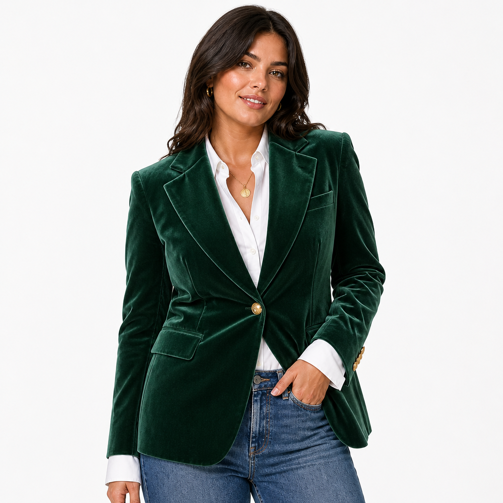 Women's Velvet Blazer Green - front