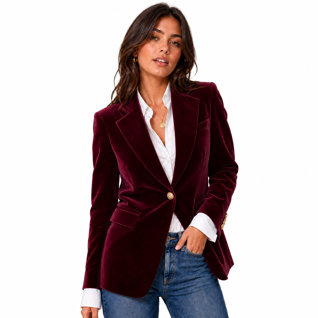 Women's Velvet Blazer Dark Wine Red - front