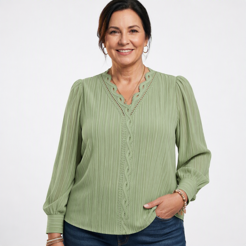 Lace Puff Sleeve Blouse Green - front
