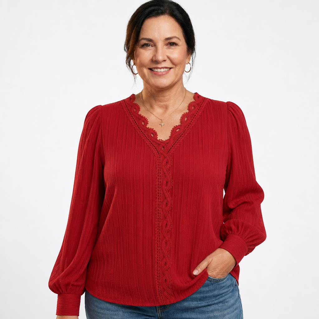 Lace Puff Sleeve Blouse Red - front