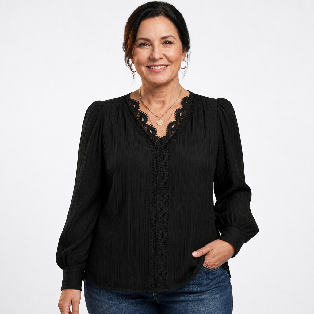 Lace Puff Sleeve Blouse Black - front
