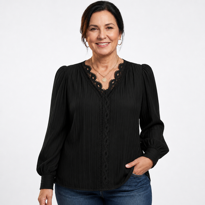 Lace Puff Sleeve Blouse Black - front