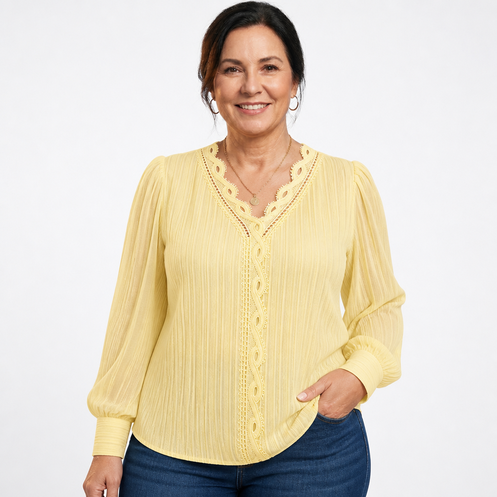 Lace Puff Sleeve Blouse Yellow - front