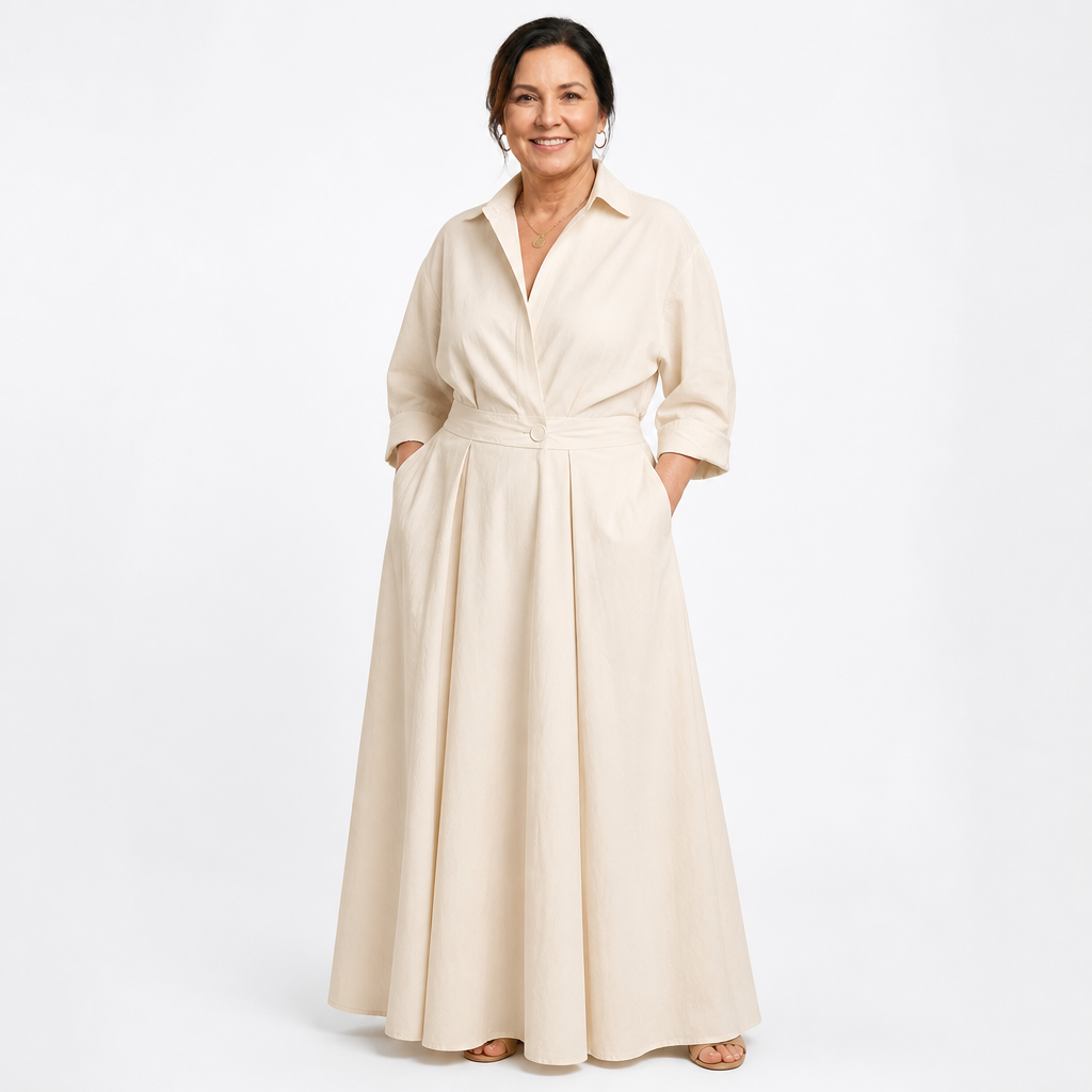 Elegant Long Flowing Maxi Dress Beige - front