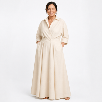 Elegant Long Flowing Maxi Dress Beige - front
