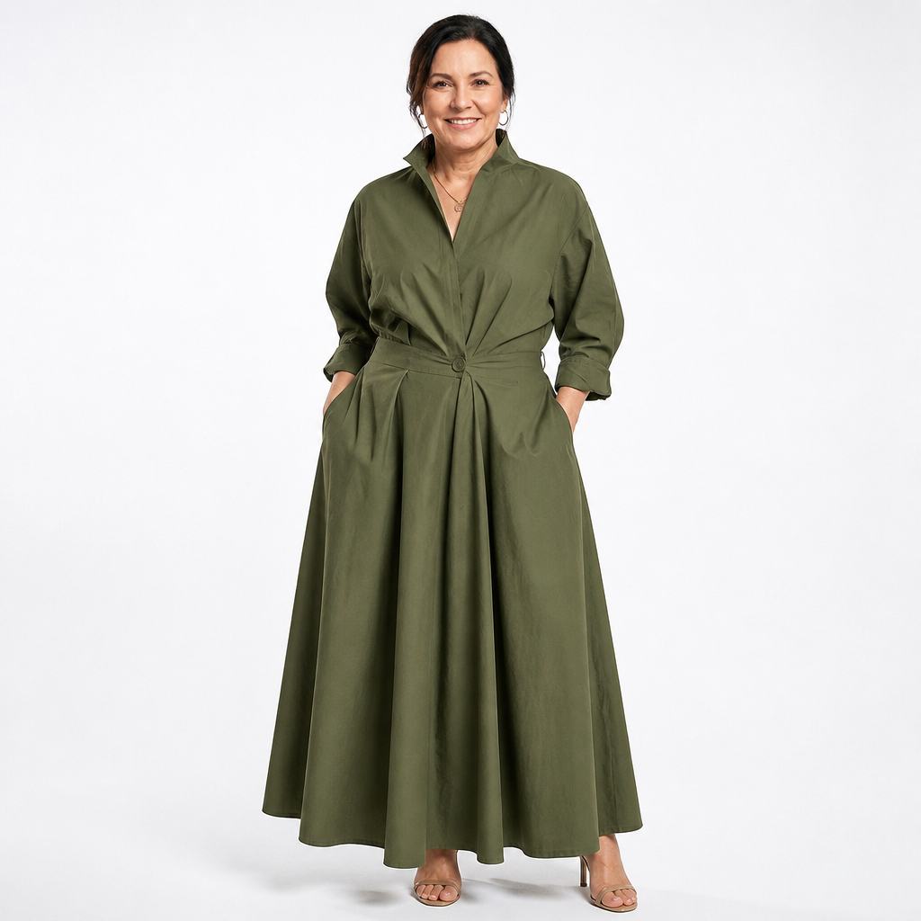 Elegant Long Flowing Maxi Dress Army green - front