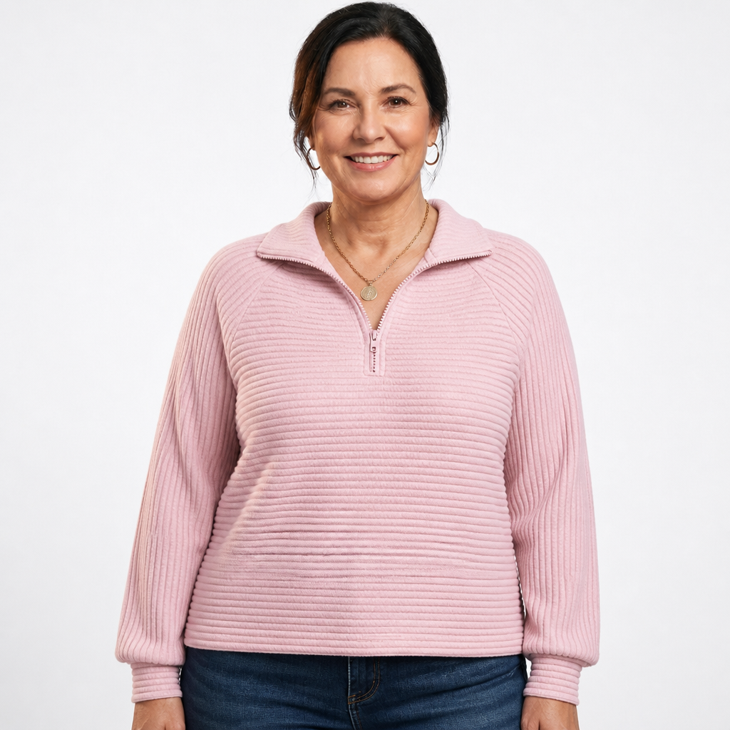 V-Neck Zip Detail Sweater Pink - front