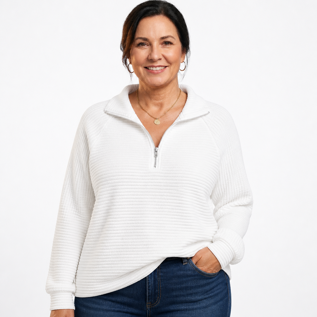 V-Neck Zip Detail Sweater White - front
