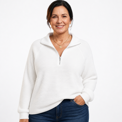V-Neck Zip Detail Sweater White - front