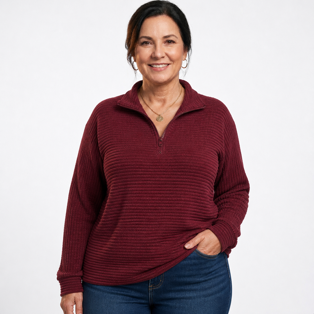 V-Neck Zip Detail Sweater Maroon - front
