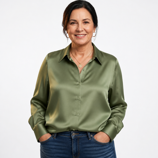 Satin Button-Down Blouse Green - front