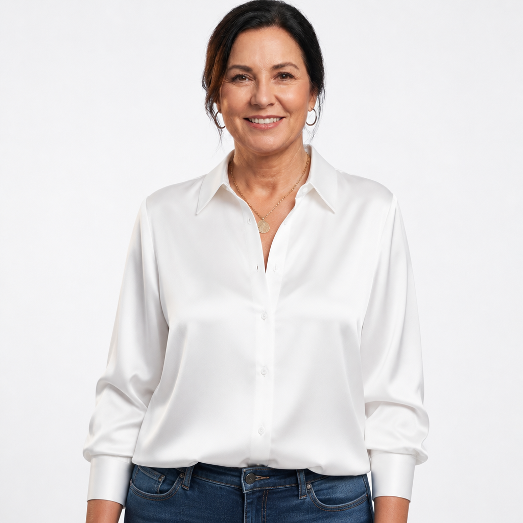 Satin Button-Down Blouse White - front