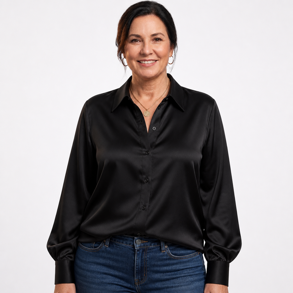 Satin Button-Down Blouse Black - front