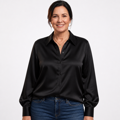 Satin Button-Down Blouse Black - front