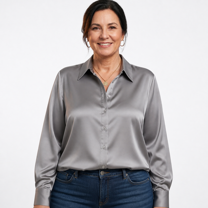 Satin Button-Down Blouse Gray - front