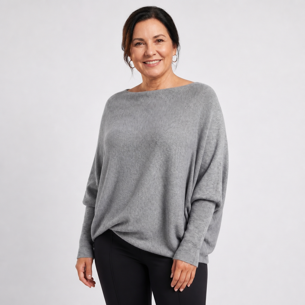 Women's Oversized Knit Sweater with Batwing Sleeves - Grey